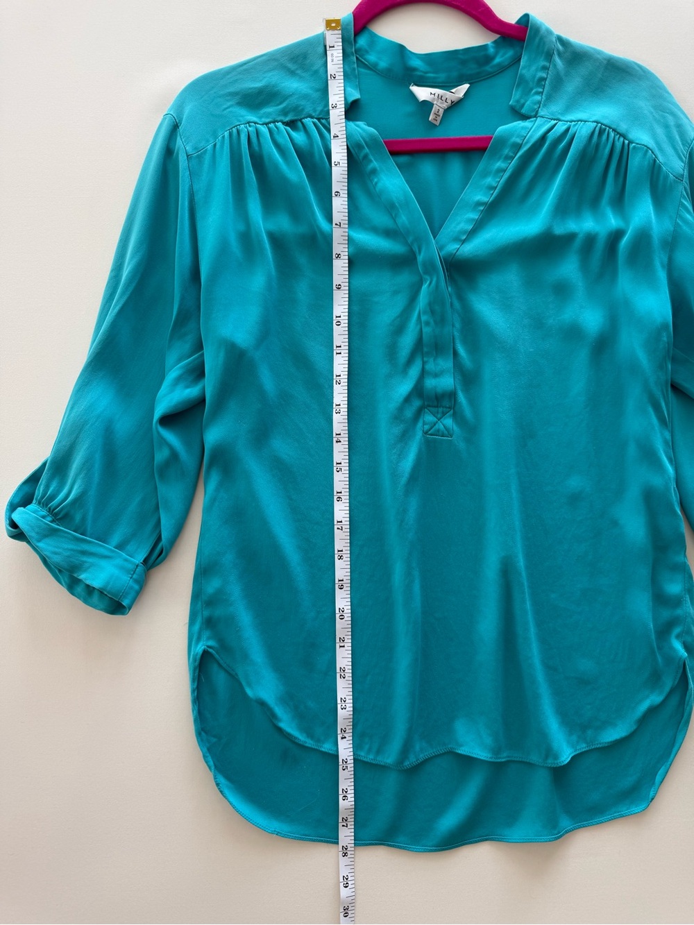 MILLY Teal Silk Blend Popover Blouse Size 2 - Picture 5 of 5